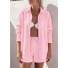 image:imagePRETTYGARDEN Womens Summer 2 Piece Matching Lounge Sets Pajamas Long Sleeve Shirts Blouse Pockets Shorts 2026 Spring OutfitsStriped Pink White