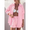 image:imagePRETTYGARDEN Womens Summer 2 Piece Matching Lounge Sets Pajamas Long Sleeve Shirts Blouse Pockets Shorts 2026 Spring OutfitsStriped Pink White