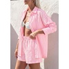 image:imagePRETTYGARDEN Womens Summer 2 Piece Matching Lounge Sets Pajamas Long Sleeve Shirts Blouse Pockets Shorts 2026 Spring OutfitsStriped Pink White