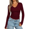 image:imagePRETTYGARDEN Long Sleeve Shirts for Women 2026 Fall V Neck Basic Tee Casual Fitted Ribbed Going Out Tops Kint Y2K ClothesWine Red