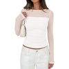 image:imagePRETTYGARDEN Womens 2026 Fall Long Sleeve T Shirts Sheer Mesh Boat Neck Ruched Fitted Going Out Summer Tops Fashion ClothingWhite