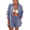 image:imagePRETTYGARDEN Womens Summer 2 Piece Matching Lounge Sets Pajamas Long Sleeve Shirts Blouse Pockets Shorts 2026 Spring OutfitsStriped Navy White