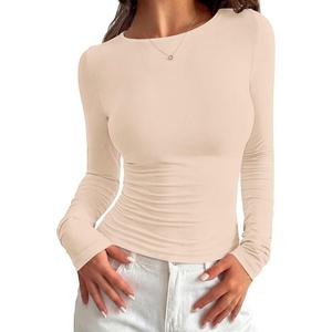 image:imagePRETTYGARDEN Long Sleeve Shirts for Women 2026 Fall Casual Boat Neck Tight Slim Fit Layering Basic T Shirt Going Out TopsBeige