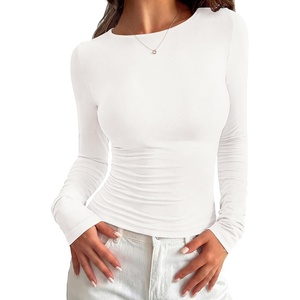 image:imagePRETTYGARDEN Long Sleeve Shirts for Women 2026 Fall Casual Boat Neck Tight Slim Fit Layering Basic T Shirt Going Out TopsWhite
