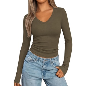 image:imagePRETTYGARDEN Long Sleeve Shirts for Women 2026 Fall V Neck Basic Tee Casual Fitted Ribbed Going Out Tops Kint Y2K ClothesArmy Green