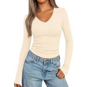 image:imagePRETTYGARDEN Long Sleeve Shirts for Women 2026 Fall V Neck Basic Tee Casual Fitted Ribbed Going Out Tops Kint Y2K ClothesBeige