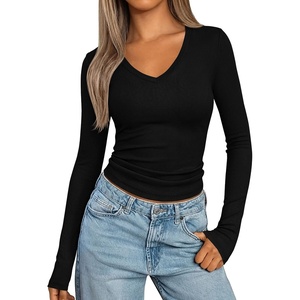 image:imagePRETTYGARDEN Long Sleeve Shirts for Women 2026 Fall V Neck Basic Tee Casual Fitted Ribbed Going Out Tops Kint Y2K ClothesBlack