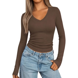 image:imagePRETTYGARDEN Long Sleeve Shirts for Women 2026 Fall V Neck Basic Tee Casual Fitted Ribbed Going Out Tops Kint Y2K ClothesCoffee