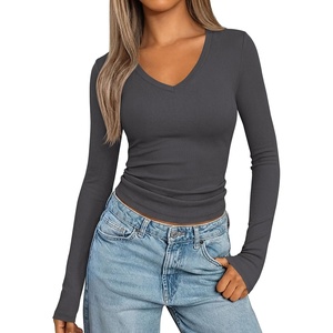 image:imagePRETTYGARDEN Long Sleeve Shirts for Women 2026 Fall V Neck Basic Tee Casual Fitted Ribbed Going Out Tops Kint Y2K ClothesDark Grey
