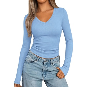 image:imagePRETTYGARDEN Long Sleeve Shirts for Women 2026 Fall V Neck Basic Tee Casual Fitted Ribbed Going Out Tops Kint Y2K ClothesLight Blue