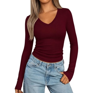 image:imagePRETTYGARDEN Long Sleeve Shirts for Women 2026 Fall V Neck Basic Tee Casual Fitted Ribbed Going Out Tops Kint Y2K ClothesWine Red