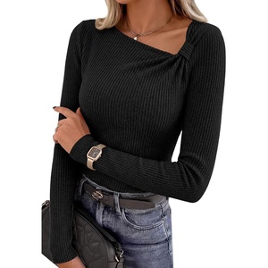 image:imagePRETTYGARDEN Womens 2026 Early Fall Fashion Long Sleeve T Shirts Asymmetrical Ribbed Fitted Trendy Going Out Tops Y2K OutfitsBlack