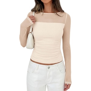 image:imagePRETTYGARDEN Womens 2026 Fall Long Sleeve T Shirts Sheer Mesh Boat Neck Ruched Fitted Going Out Summer Tops Fashion ClothingApricot