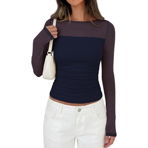 image:imagePRETTYGARDEN Womens 2026 Fall Long Sleeve T Shirts Sheer Mesh Boat Neck Ruched Fitted Going Out Summer Tops Fashion ClothingNavy Blue