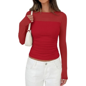 image:imagePRETTYGARDEN Womens 2026 Fall Long Sleeve T Shirts Sheer Mesh Boat Neck Ruched Fitted Going Out Summer Tops Fashion ClothingRed