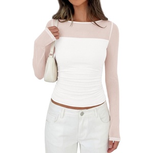 image:imagePRETTYGARDEN Womens 2026 Fall Long Sleeve T Shirts Sheer Mesh Boat Neck Ruched Fitted Going Out Summer Tops Fashion ClothingWhite