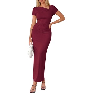 image:imagePRETTYGARDEN Womens Ruched Maxi Dress 2026 Summer Short Sleeve Asymmetric Neck Back Slit Bodycon Cocktail Party Long DressesBurgundy