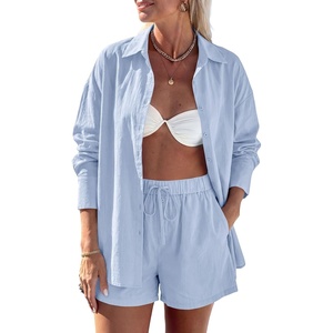 image:imagePRETTYGARDEN Womens Summer 2 Piece Matching Lounge Sets Pajamas Long Sleeve Shirts Blouse Pockets Shorts 2026 Spring OutfitsLight Blue