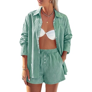 image:imagePRETTYGARDEN Womens Summer 2 Piece Matching Lounge Sets Pajamas Long Sleeve Shirts Blouse Pockets Shorts 2026 Spring OutfitsStriped Green White