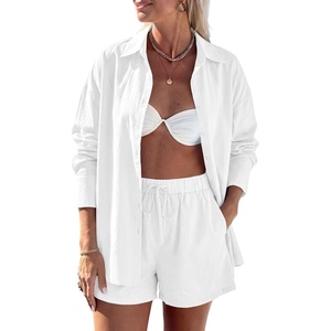 image:imagePRETTYGARDEN Womens Summer 2 Piece Matching Lounge Sets Pajamas Long Sleeve Shirts Blouse Pockets Shorts 2026 Spring OutfitsWhite