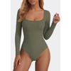 image:imagePRETTYGARDEN Bodysuits for Women 2026 Fall Long Sleeve Body Suits Scoop Neck Ribbed Knit Fitted Basic Tops Soft Tee ShirtsArmy Green