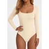 image:imagePRETTYGARDEN Bodysuits for Women 2026 Fall Long Sleeve Body Suits Scoop Neck Ribbed Knit Fitted Basic Tops Soft Tee ShirtsBeige