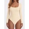 image:imagePRETTYGARDEN Bodysuits for Women 2026 Fall Long Sleeve Body Suits Scoop Neck Ribbed Knit Fitted Basic Tops Soft Tee ShirtsBeige