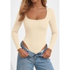 image:imagePRETTYGARDEN Bodysuits for Women 2026 Fall Long Sleeve Body Suits Scoop Neck Ribbed Knit Fitted Basic Tops Soft Tee ShirtsBeige