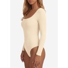 image:imagePRETTYGARDEN Bodysuits for Women 2026 Fall Long Sleeve Body Suits Scoop Neck Ribbed Knit Fitted Basic Tops Soft Tee ShirtsBeige