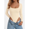 image:imagePRETTYGARDEN Bodysuits for Women 2026 Fall Long Sleeve Body Suits Scoop Neck Ribbed Knit Fitted Basic Tops Soft Tee ShirtsBeige