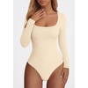 image:imagePRETTYGARDEN Bodysuits for Women 2026 Fall Long Sleeve Body Suits Scoop Neck Ribbed Knit Fitted Basic Tops Soft Tee ShirtsBeige