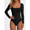 image:imagePRETTYGARDEN Bodysuits for Women 2026 Fall Long Sleeve Body Suits Scoop Neck Ribbed Knit Fitted Basic Tops Soft Tee ShirtsBlack