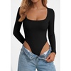 image:imagePRETTYGARDEN Bodysuits for Women 2026 Fall Long Sleeve Body Suits Scoop Neck Ribbed Knit Fitted Basic Tops Soft Tee ShirtsBlack