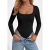 image:imagePRETTYGARDEN Bodysuits for Women 2026 Fall Long Sleeve Body Suits Scoop Neck Ribbed Knit Fitted Basic Tops Soft Tee ShirtsBlack