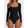 image:imagePRETTYGARDEN Bodysuits for Women 2026 Fall Long Sleeve Body Suits Scoop Neck Ribbed Knit Fitted Basic Tops Soft Tee ShirtsBlack