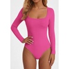 image:imagePRETTYGARDEN Bodysuits for Women 2026 Fall Long Sleeve Body Suits Scoop Neck Ribbed Knit Fitted Basic Tops Soft Tee ShirtsBright Pink