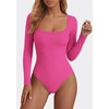 image:imagePRETTYGARDEN Bodysuits for Women 2026 Fall Long Sleeve Body Suits Scoop Neck Ribbed Knit Fitted Basic Tops Soft Tee ShirtsBright Pink