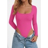 image:imagePRETTYGARDEN Bodysuits for Women 2026 Fall Long Sleeve Body Suits Scoop Neck Ribbed Knit Fitted Basic Tops Soft Tee ShirtsBright Pink