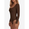 image:imagePRETTYGARDEN Bodysuits for Women 2026 Fall Long Sleeve Body Suits Scoop Neck Ribbed Knit Fitted Basic Tops Soft Tee ShirtsBrown