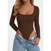 image:imagePRETTYGARDEN Bodysuits for Women 2026 Fall Long Sleeve Body Suits Scoop Neck Ribbed Knit Fitted Basic Tops Soft Tee ShirtsBrown