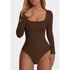 image:imagePRETTYGARDEN Bodysuits for Women 2026 Fall Long Sleeve Body Suits Scoop Neck Ribbed Knit Fitted Basic Tops Soft Tee ShirtsBrown