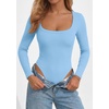 image:imagePRETTYGARDEN Bodysuits for Women 2026 Fall Long Sleeve Body Suits Scoop Neck Ribbed Knit Fitted Basic Tops Soft Tee ShirtsLight Blue