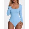 image:imagePRETTYGARDEN Bodysuits for Women 2026 Fall Long Sleeve Body Suits Scoop Neck Ribbed Knit Fitted Basic Tops Soft Tee ShirtsLight Blue