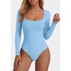 image:imagePRETTYGARDEN Bodysuits for Women 2026 Fall Long Sleeve Body Suits Scoop Neck Ribbed Knit Fitted Basic Tops Soft Tee ShirtsLight Blue