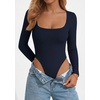 image:imagePRETTYGARDEN Bodysuits for Women 2026 Fall Long Sleeve Body Suits Scoop Neck Ribbed Knit Fitted Basic Tops Soft Tee ShirtsNavy Blue