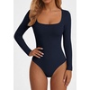 image:imagePRETTYGARDEN Bodysuits for Women 2026 Fall Long Sleeve Body Suits Scoop Neck Ribbed Knit Fitted Basic Tops Soft Tee ShirtsNavy Blue
