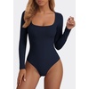 image:imagePRETTYGARDEN Bodysuits for Women 2026 Fall Long Sleeve Body Suits Scoop Neck Ribbed Knit Fitted Basic Tops Soft Tee ShirtsNavy Blue