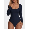 image:imagePRETTYGARDEN Bodysuits for Women 2026 Fall Long Sleeve Body Suits Scoop Neck Ribbed Knit Fitted Basic Tops Soft Tee ShirtsNavy Blue