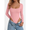 image:imagePRETTYGARDEN Bodysuits for Women 2026 Fall Long Sleeve Body Suits Scoop Neck Ribbed Knit Fitted Basic Tops Soft Tee ShirtsPink