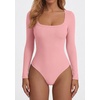 image:imagePRETTYGARDEN Bodysuits for Women 2026 Fall Long Sleeve Body Suits Scoop Neck Ribbed Knit Fitted Basic Tops Soft Tee ShirtsPink